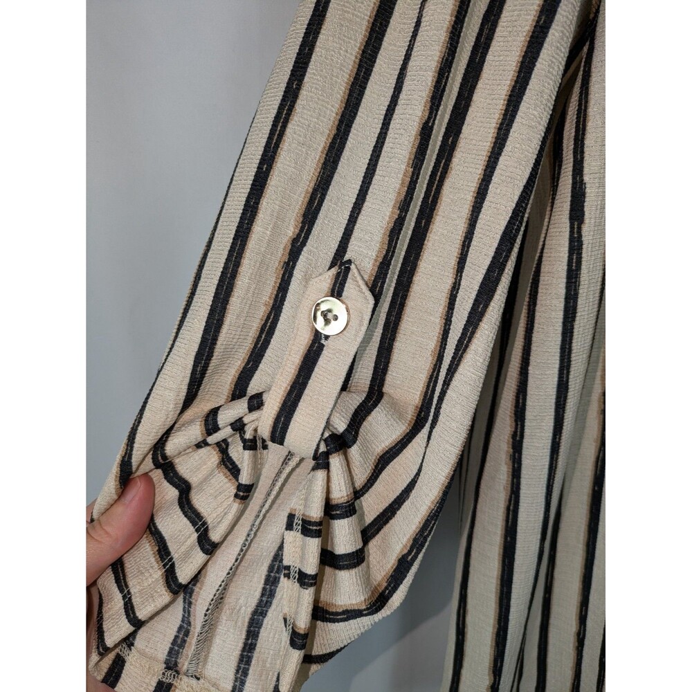 Como Blu Women's Beige Black Striped Henley V-Neck Roll-Tab Sleeve Blouse XL - Picture 3 of 7